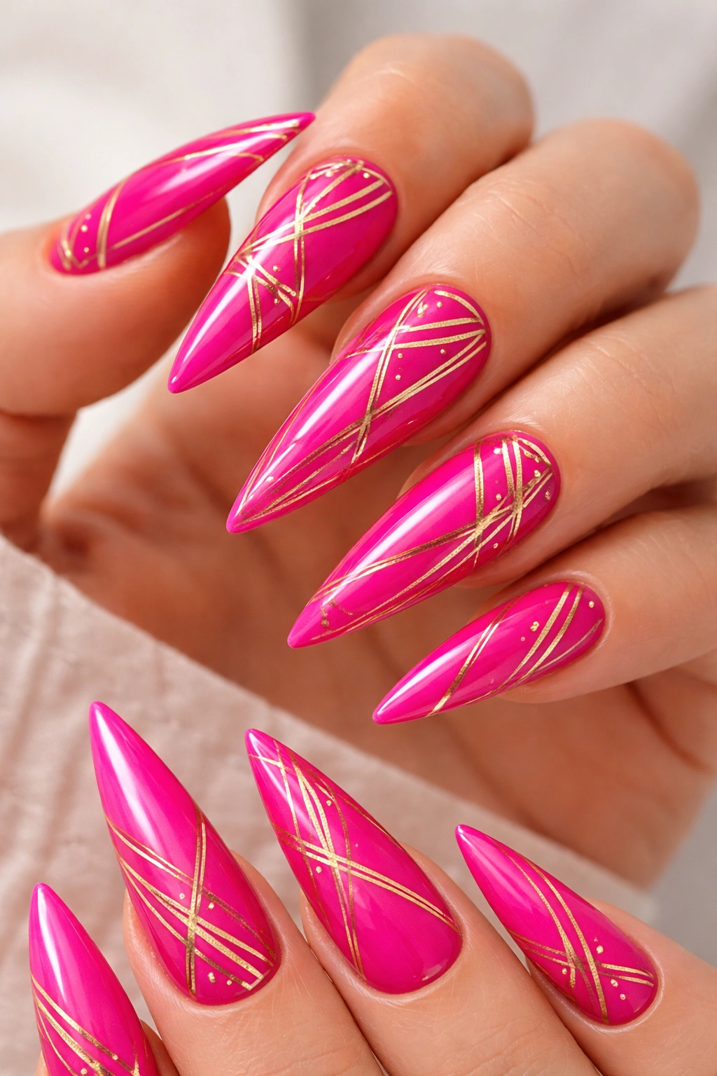 Close-up of hot pink stiletto nails with gold geometric patterns on a neutral background.