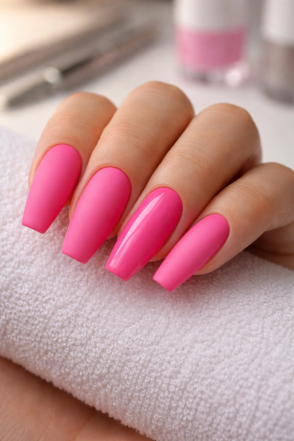 Hot pink coffin nails with four matte and one glossy accent nail