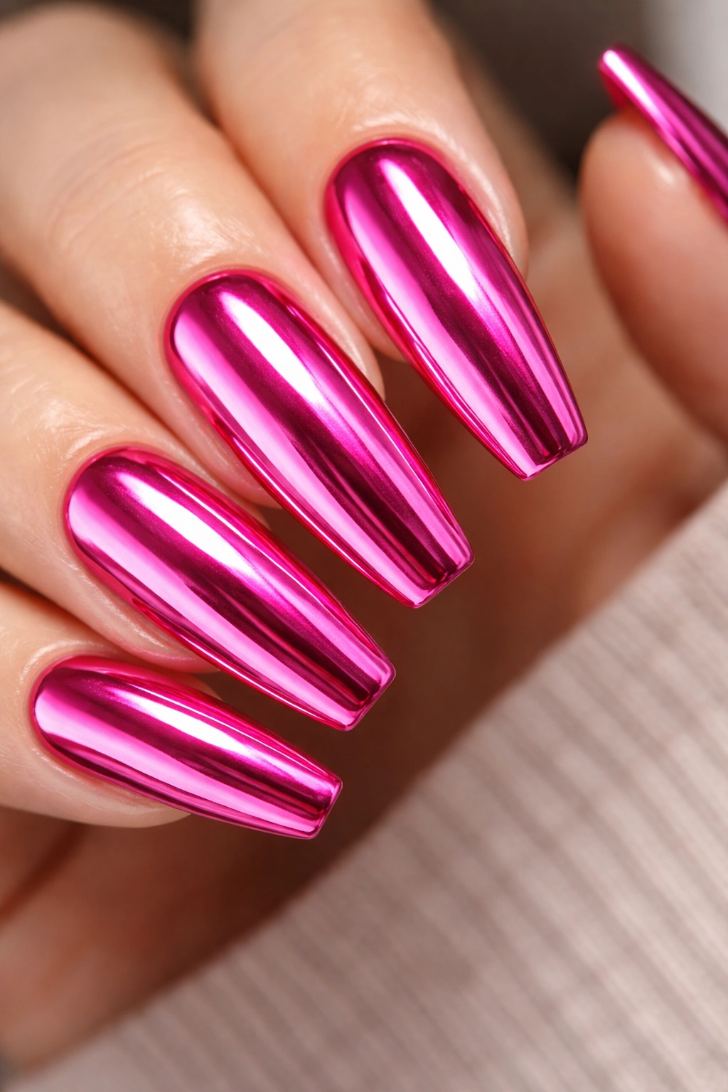Close-up of hot pink mirror metallic nails with reflective chrome-like finish