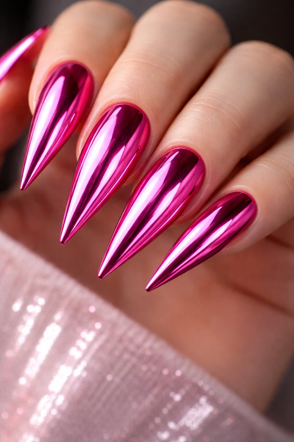 Close-up of hot pink stiletto nails with mirror foil finish reflecting surroundings.