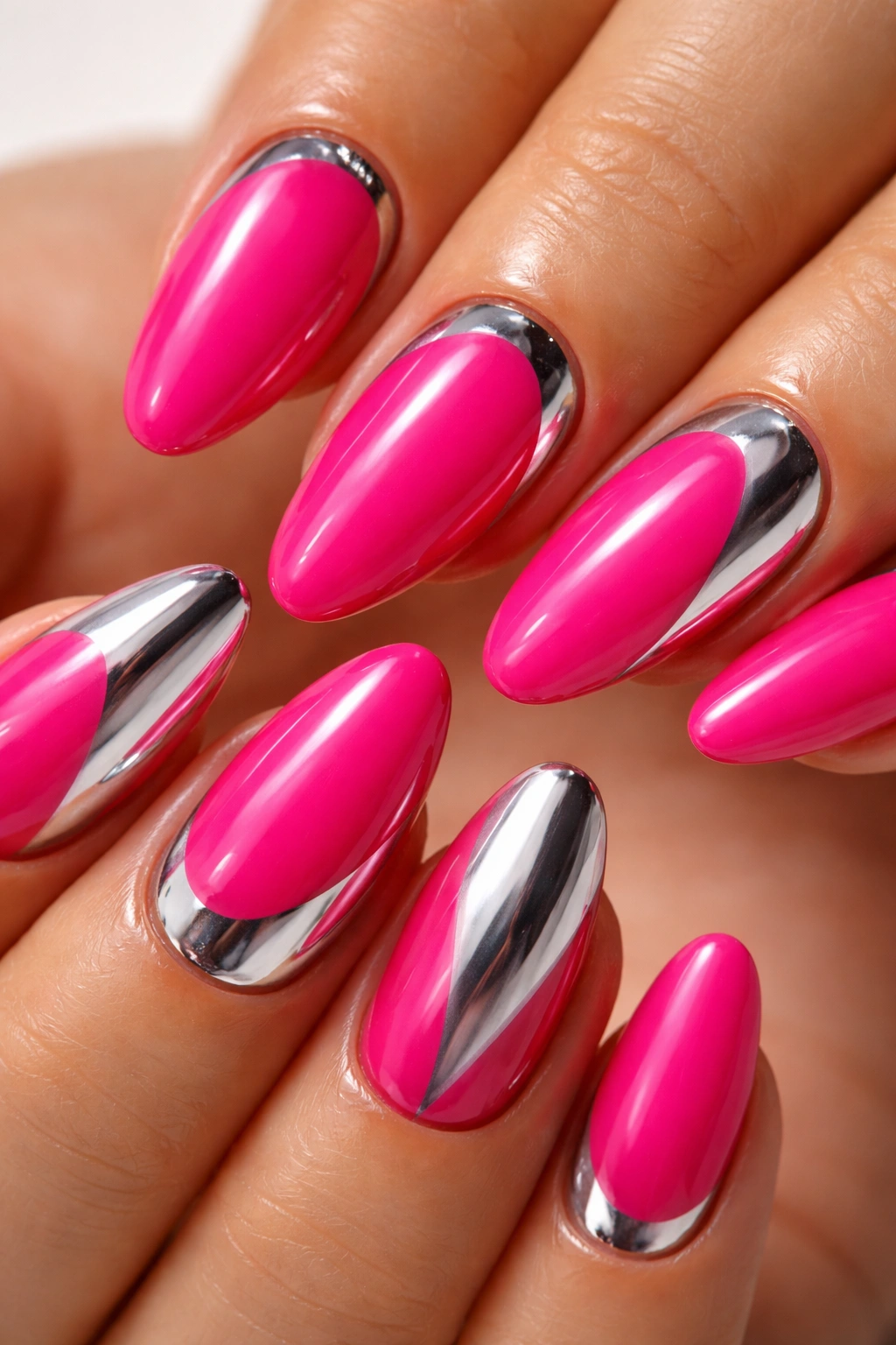 Close-up of hot pink oval nails with silver mirror powder accents
