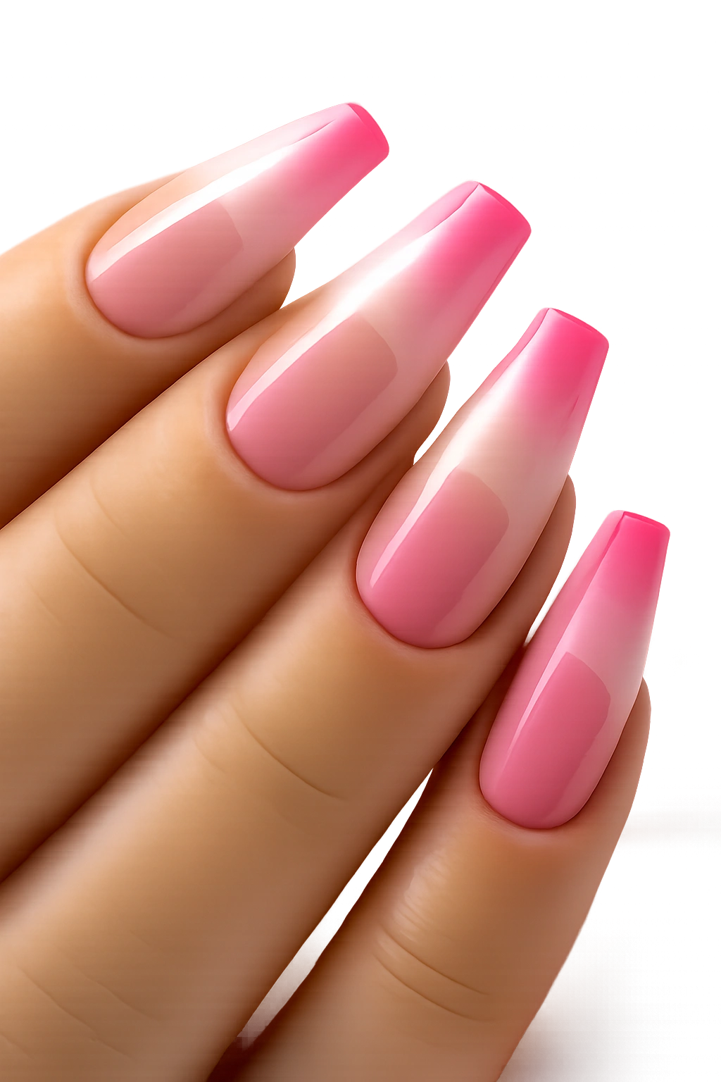 Close-up of hot pink coffin nails with transparent white overlay and negative gradient.