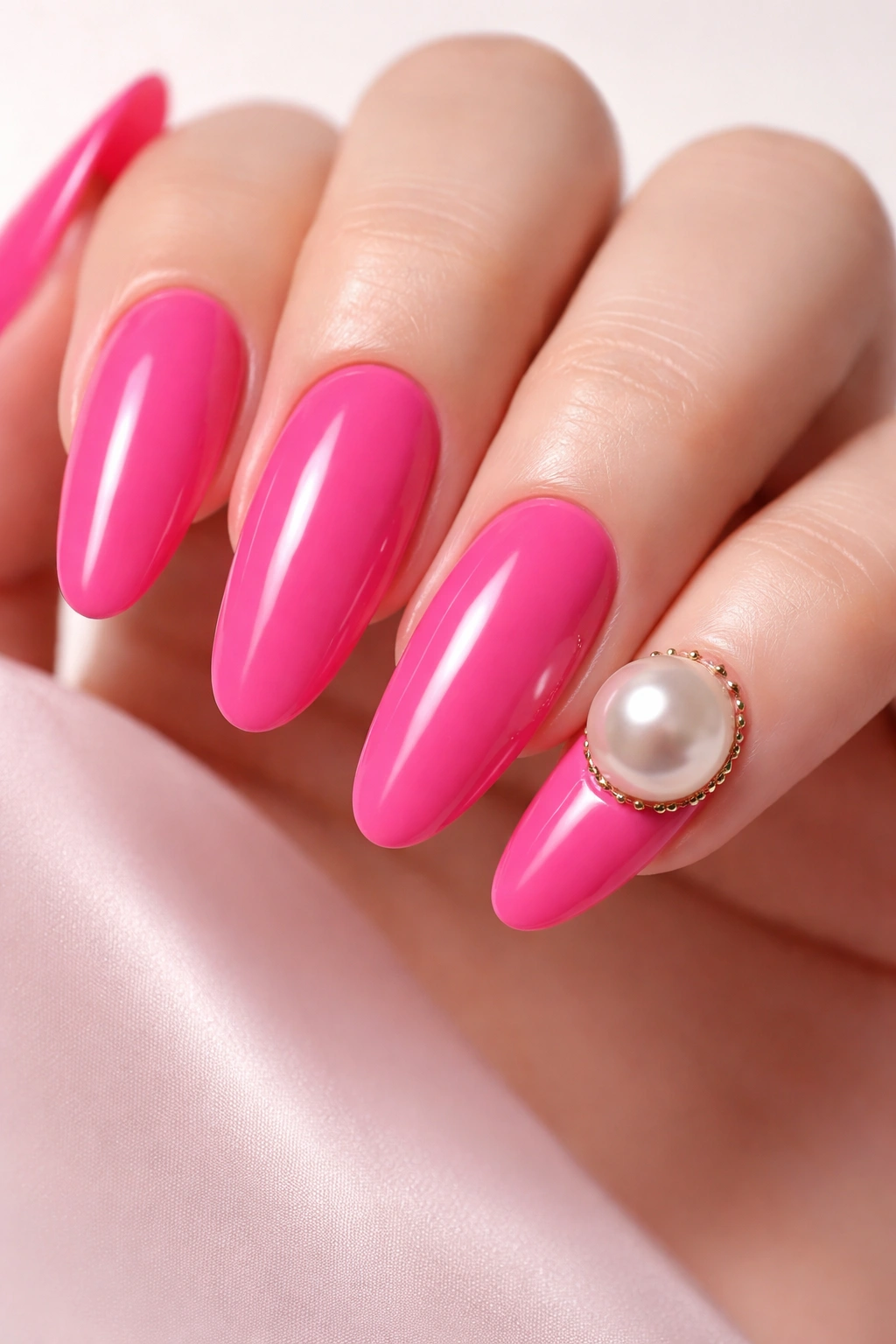 Close-up of hot pink nails with a single oversized pearl accent on long round nails