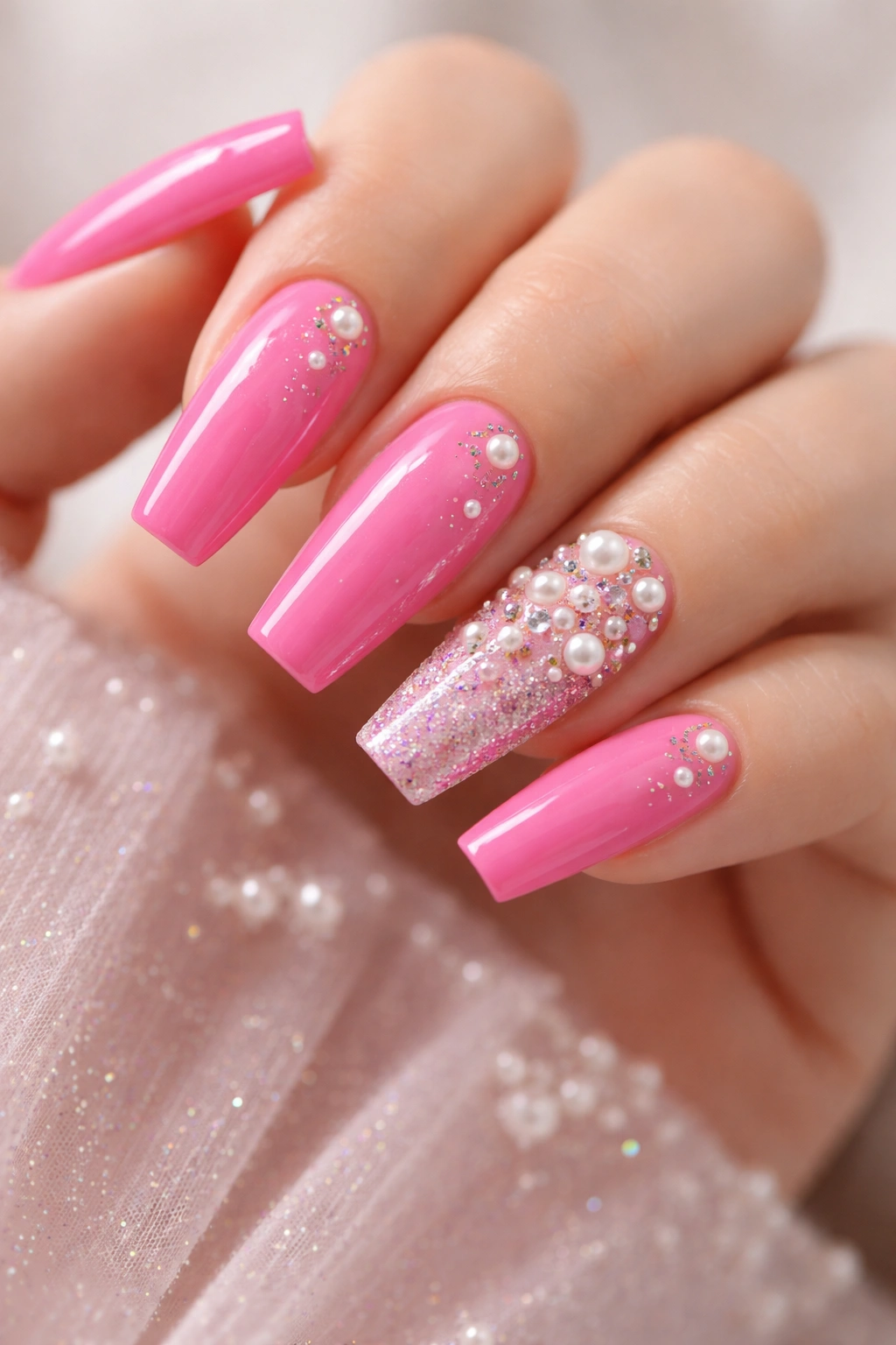Hot pink coffin nails with pearl and shimmer accents.