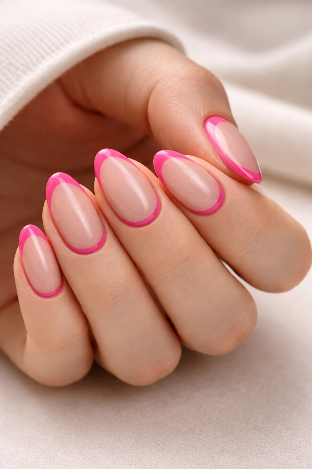 Close-up of almond nails with hot pink reverse French at the cuticle.