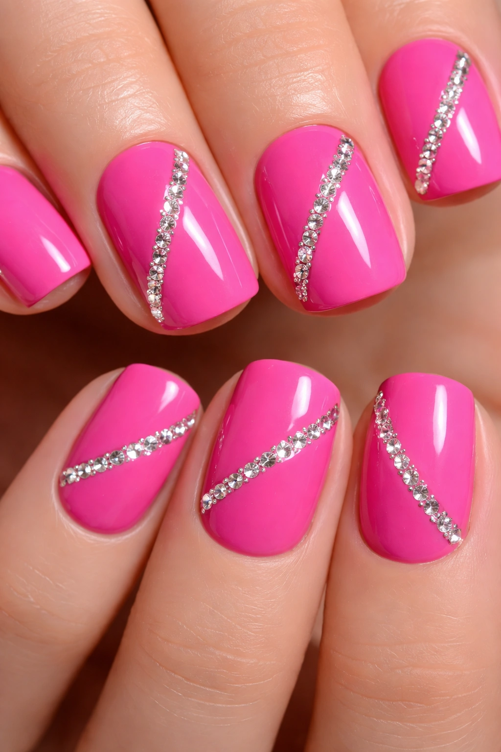 Close-up of hot pink nails with a rhinestone line along the diagonal edge