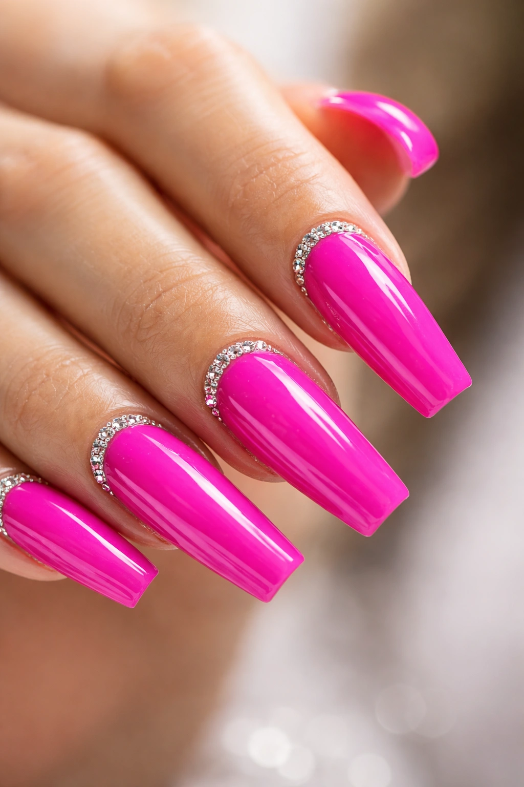 Close-up of hot pink coffin nails with rhinestone half-moon accents