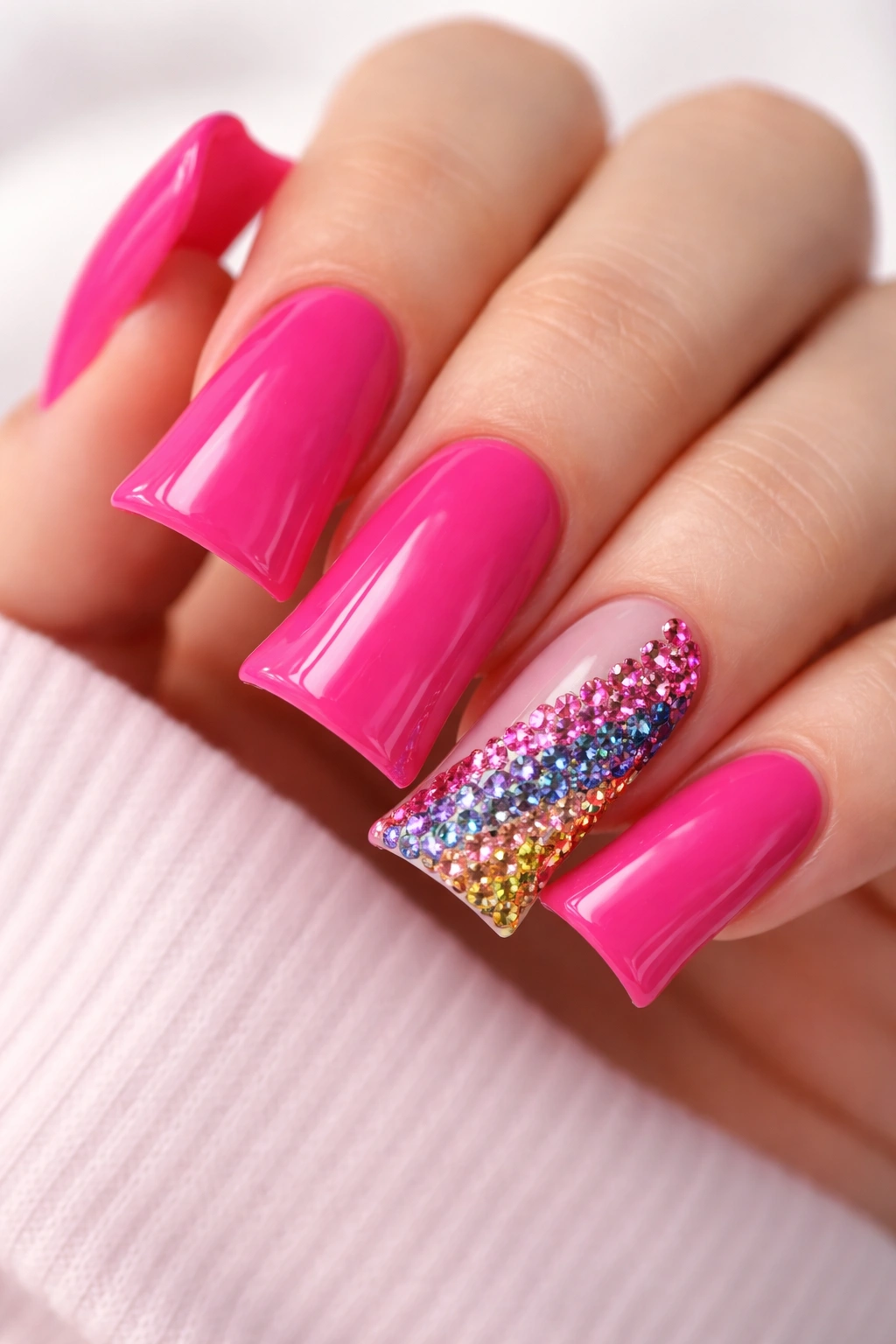 Close-up of hot pink duck nails with a diagonal stripe of multicolored rhinestones on the accent nail
