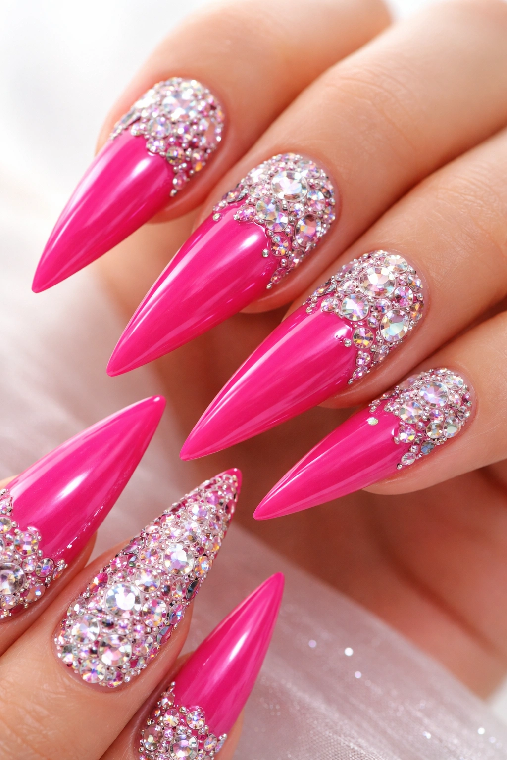 Close-up of hot pink stiletto nails with rhinestones and glossy finish