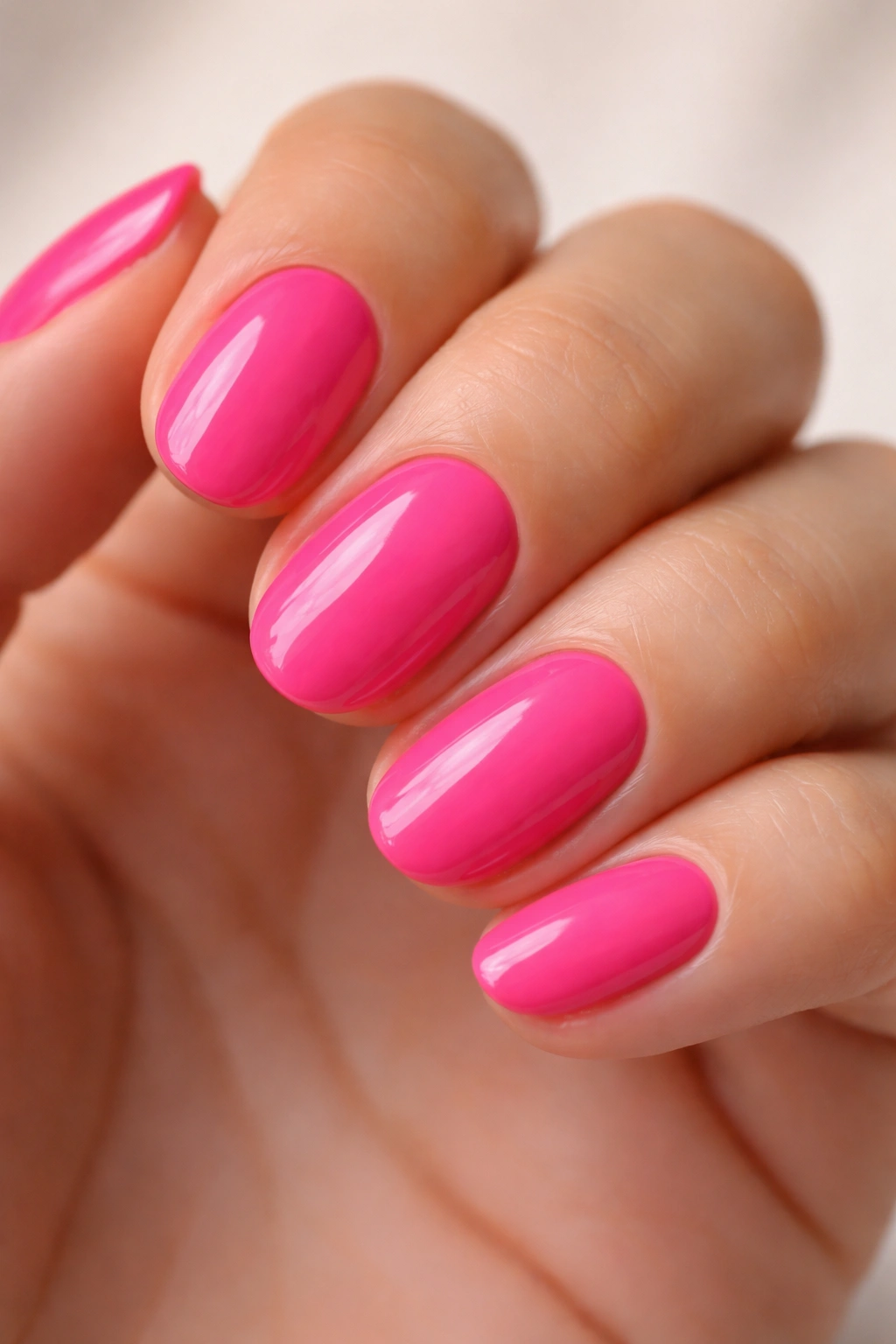 Close-up of hot pink short oval nails with glossy solid color