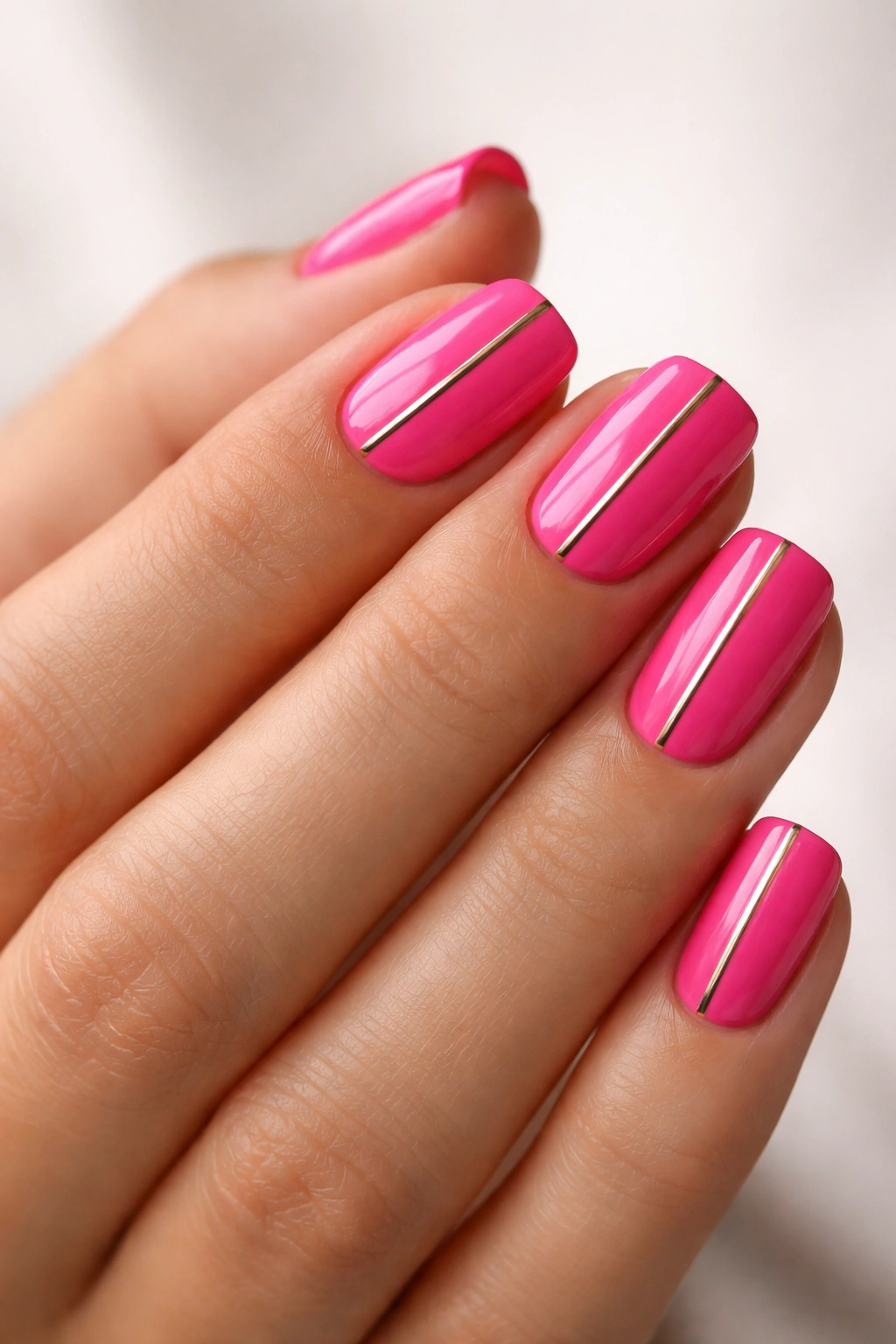 Hot pink squoval nails with a metallic central stripe