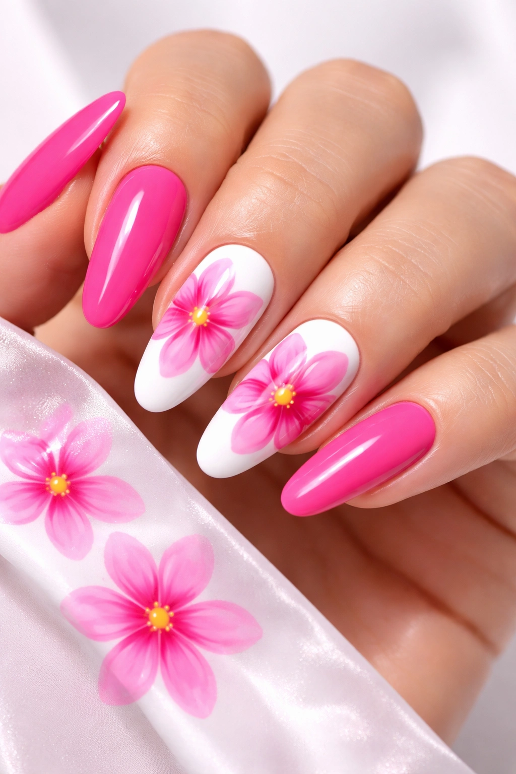 Nails in hot pink and white with oversized pink flowers on white nails