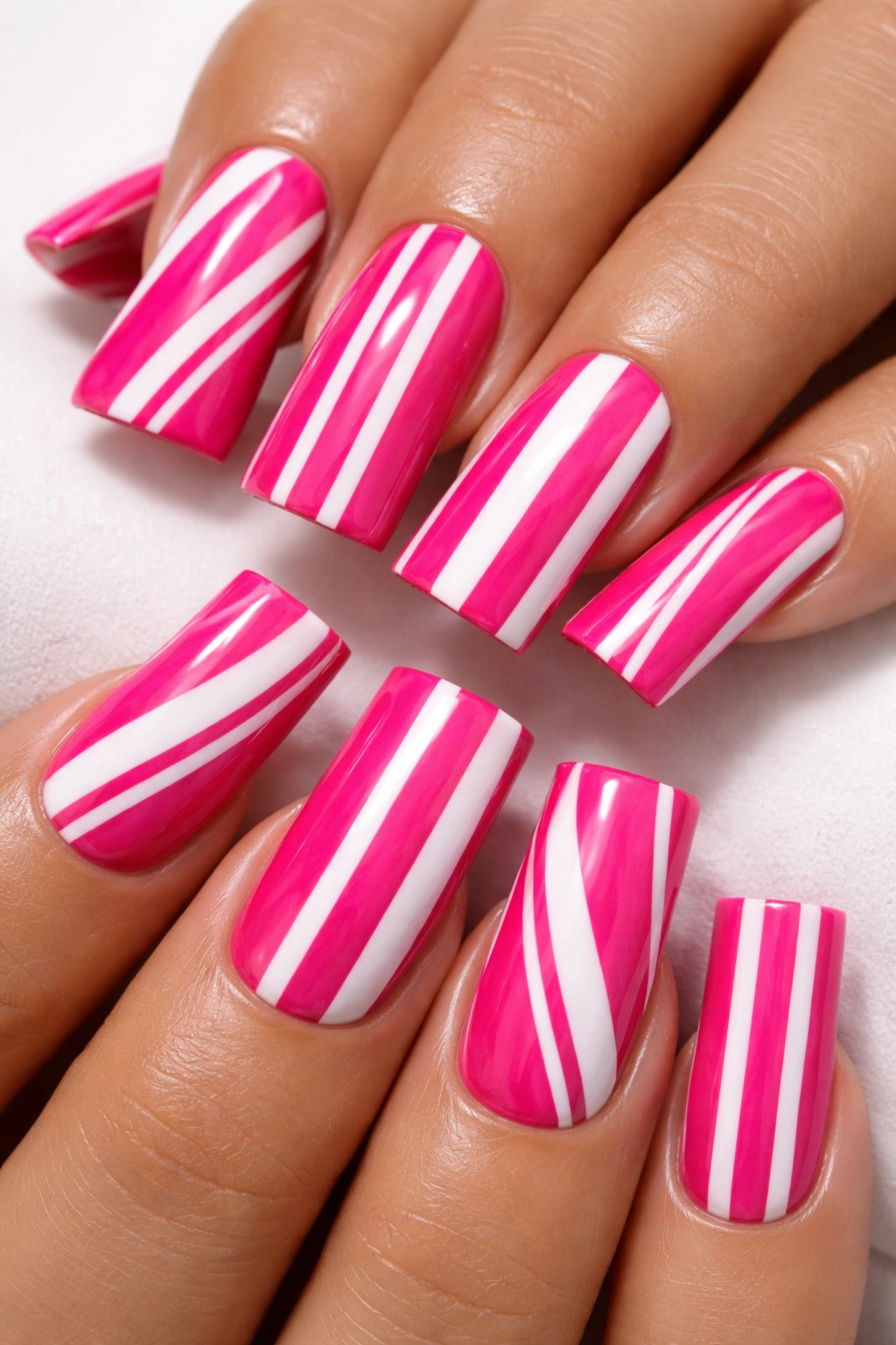 Close-up of bold hot pink duck nails with white stripes