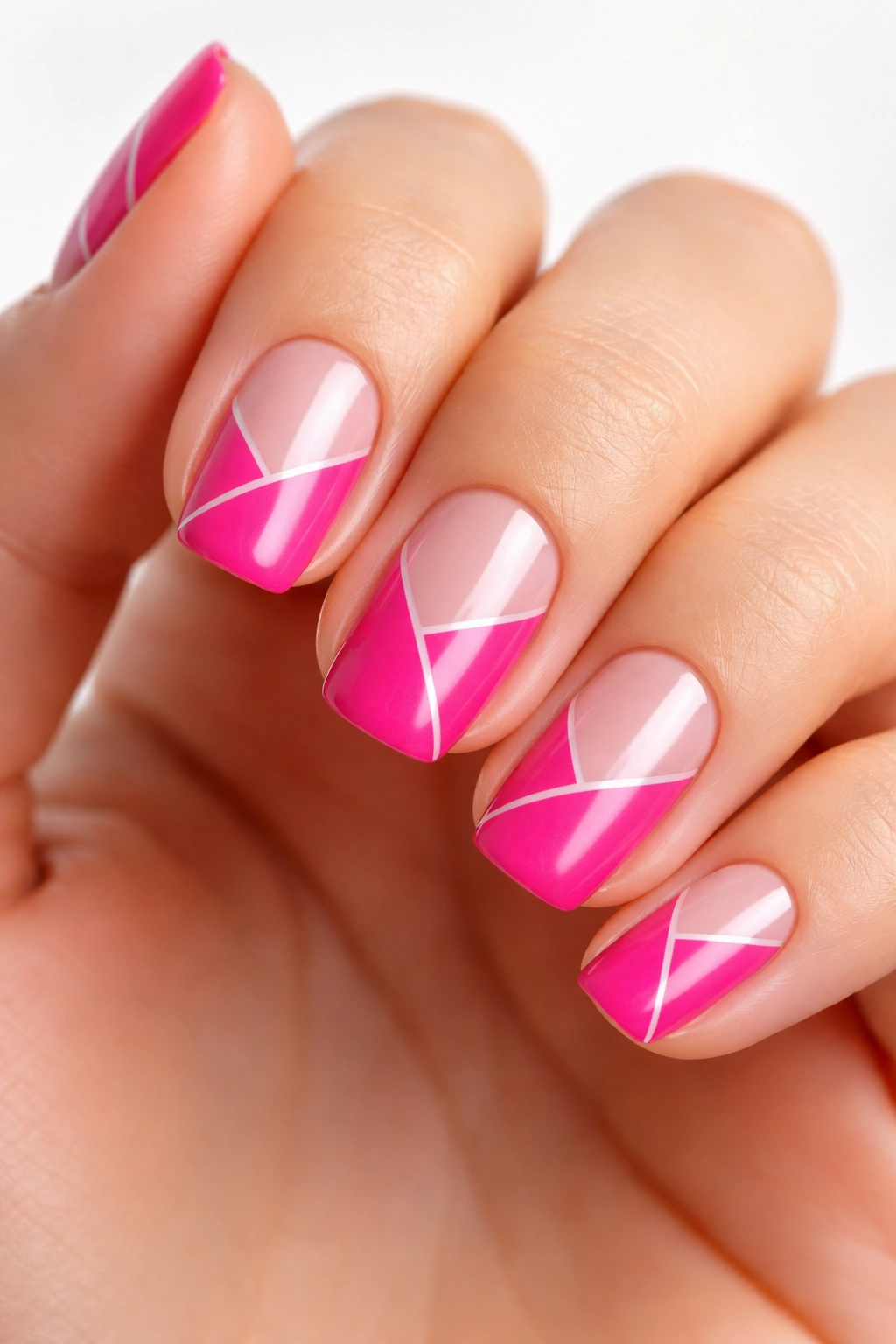 Close-up of hot pink nails with geometric negative-space designs on short squoval nails.