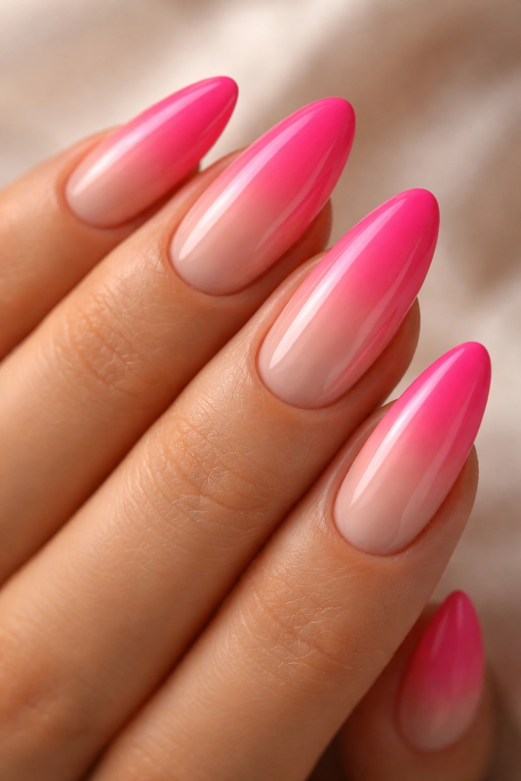 Almond nails hot pink to nude gradient
