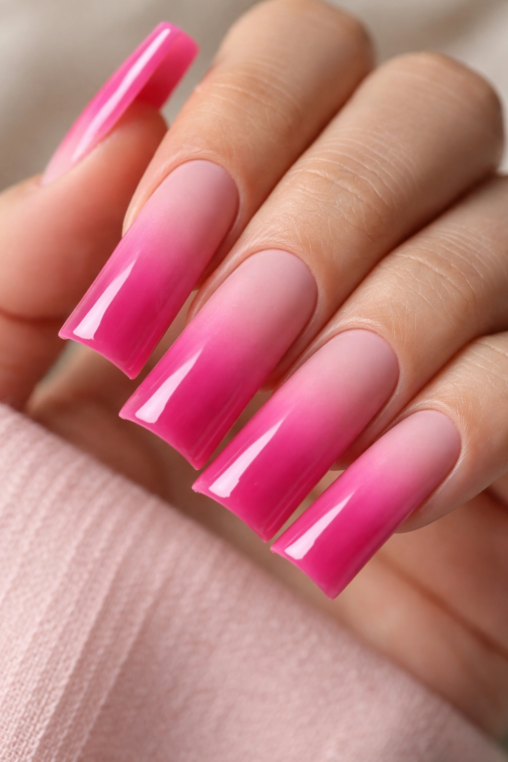 Hot pink duck nail with matte base and glossy tip