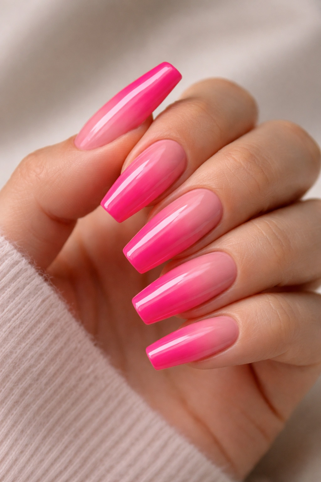 Close-up of glossy hot pink coffin nails fading to nude tips on medium-length nails
