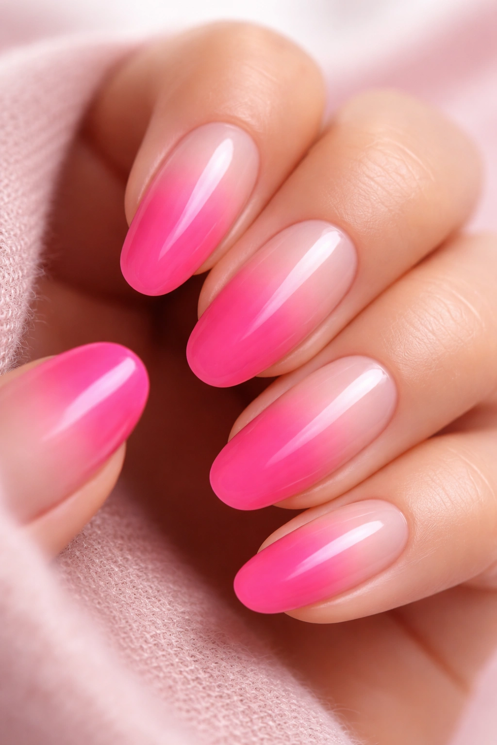 Close-up of hot pink ombre nails fading to nude