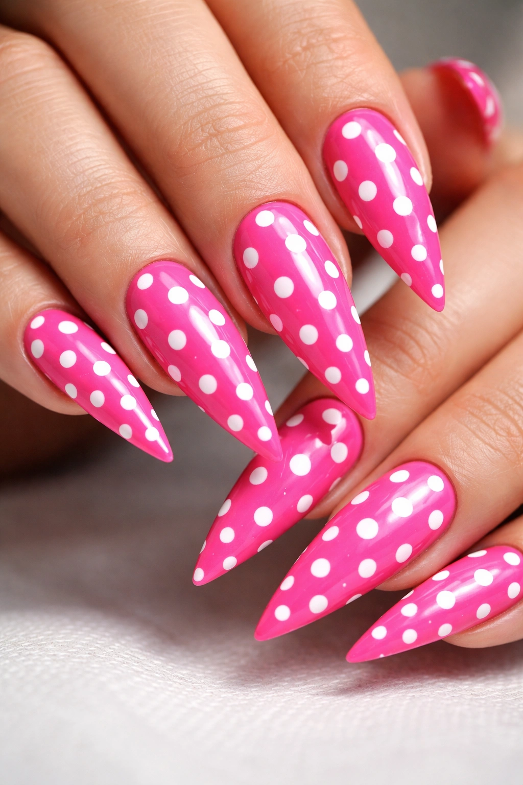 Hot pink stiletto nails with white polka dots on a clean background.