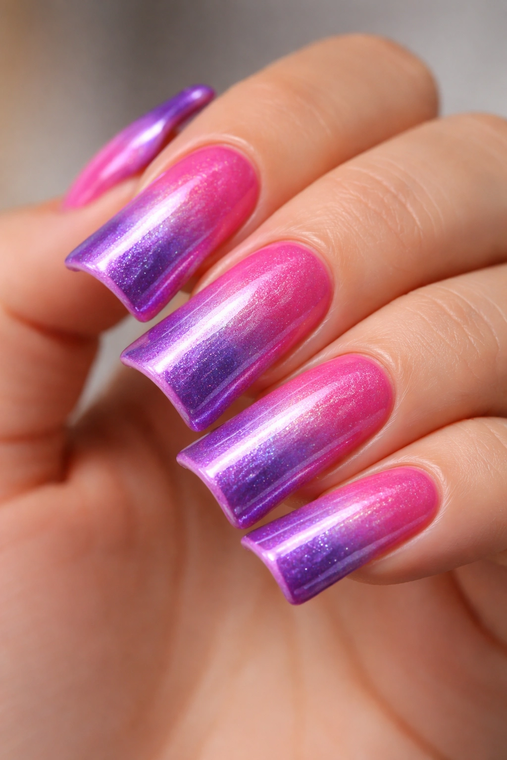Hot pink to purple ombre nails with metallic top coat