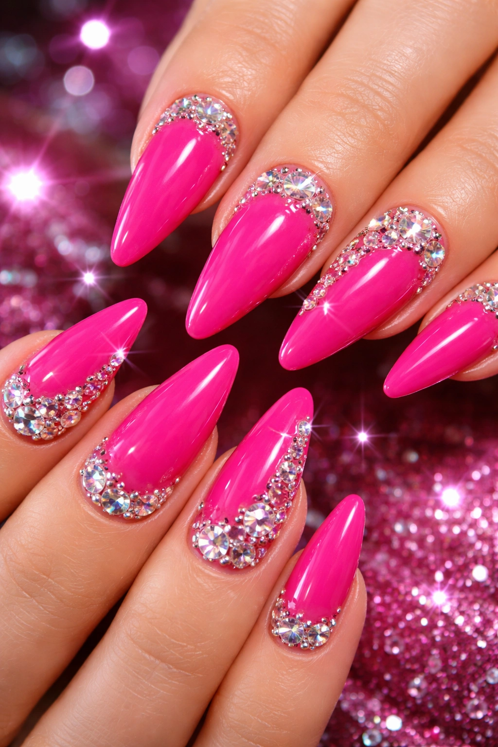 Close-up of hot pink nails with rhinestone accents