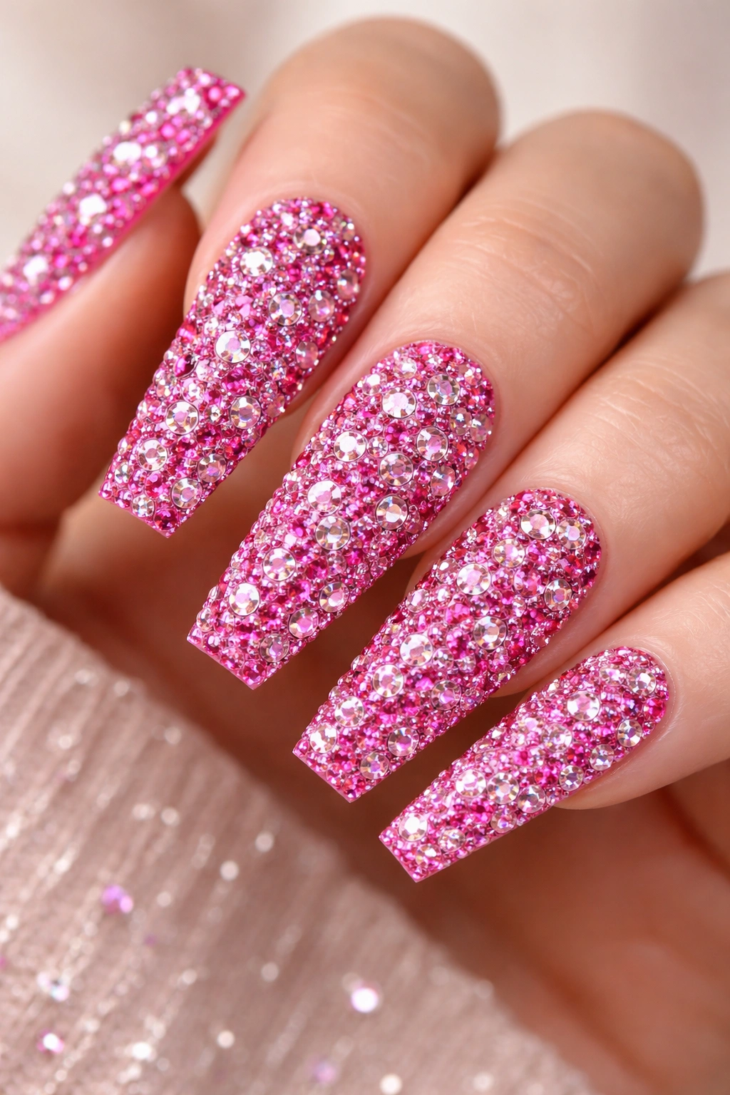 Coffin nails densely covered with rhinestones on hot pink base
