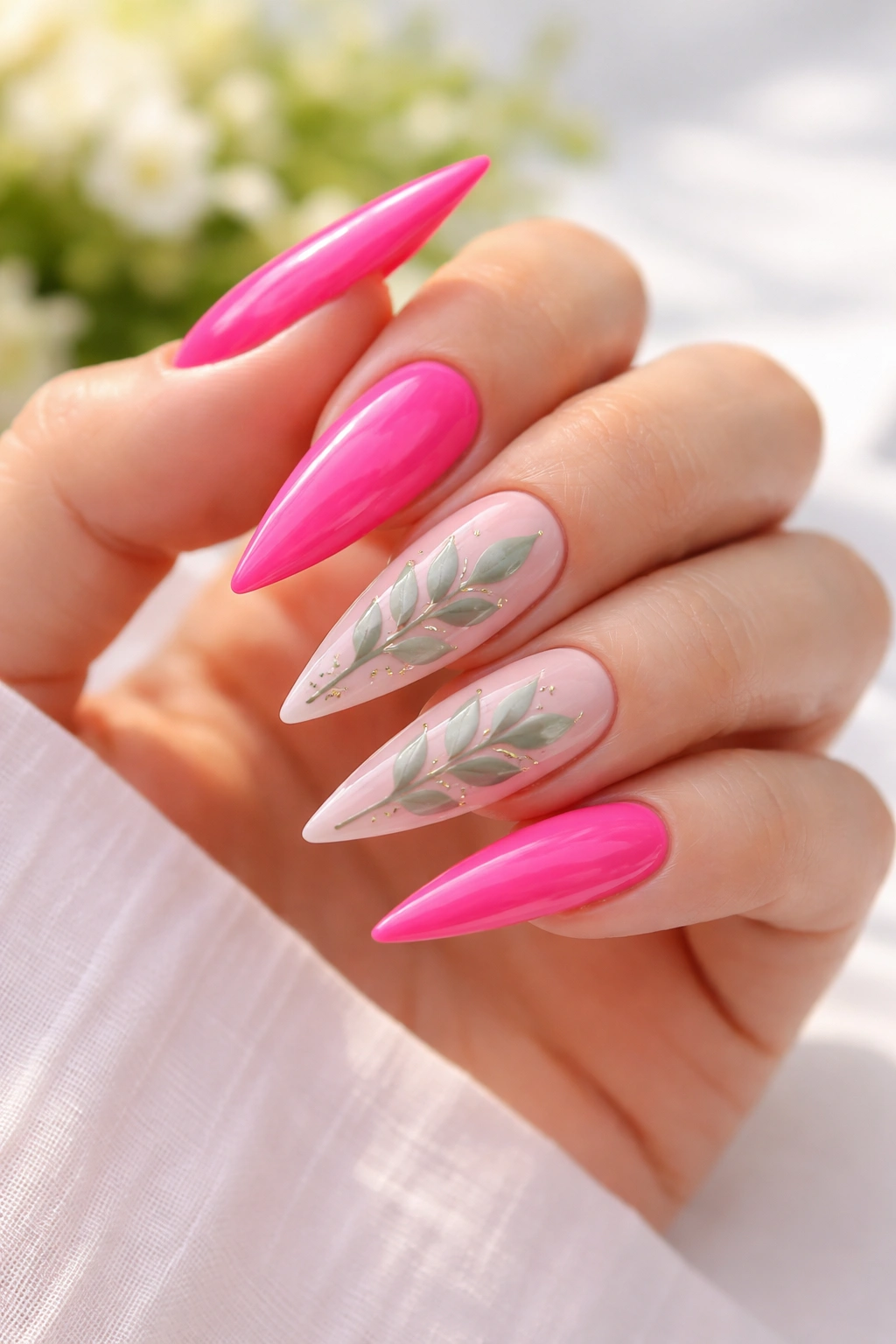 Close-up of hot pink stiletto nails with sage green leaf art