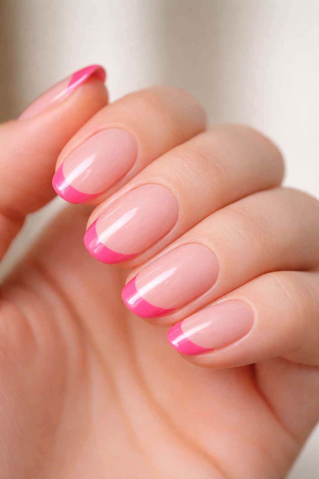 Close-up of short oval nails with hot pink tips on nude base