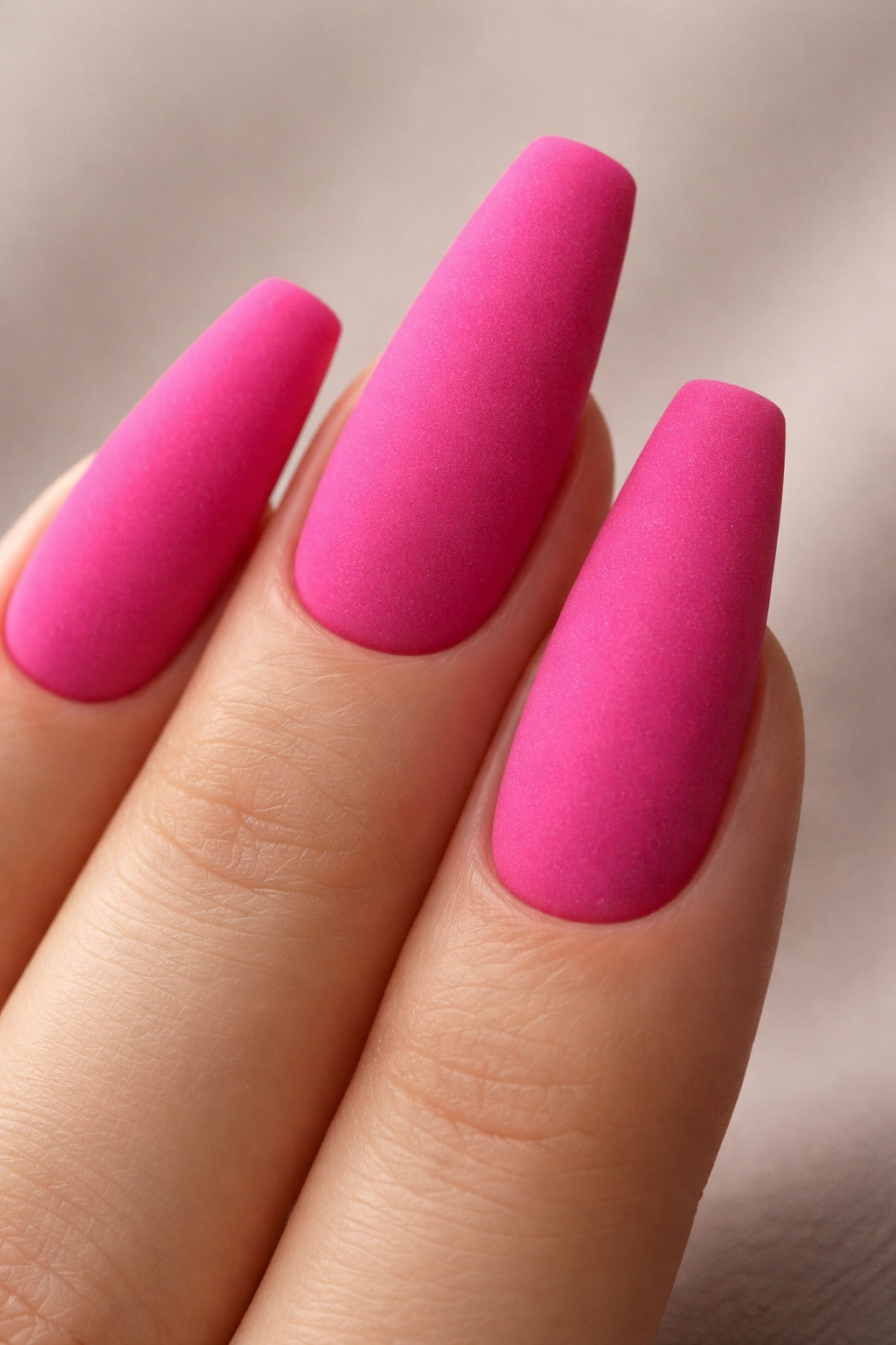 Close-up of coffin nail with hot pink velvet matte finish showing velvety texture