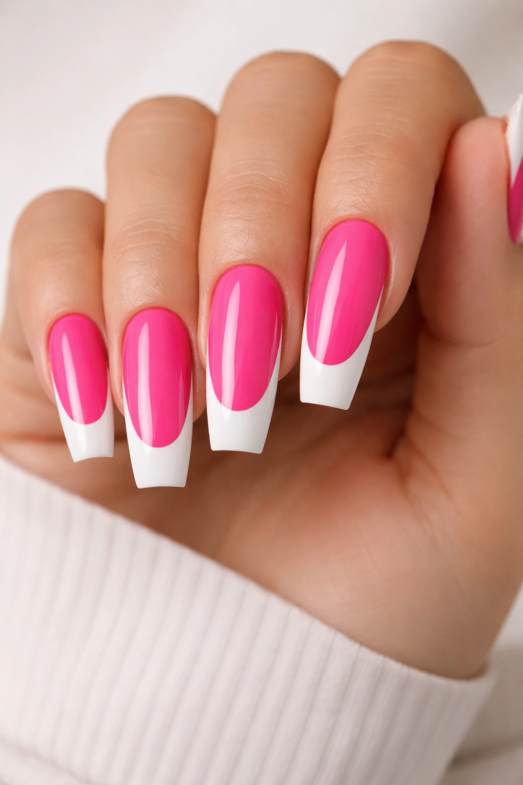 Long coffin nails with hot pink base and white French tips