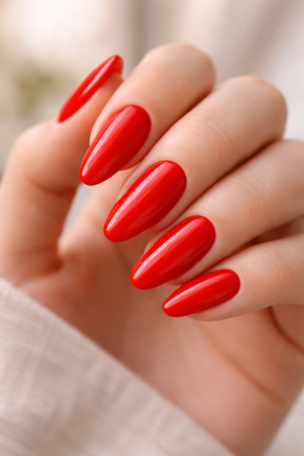 Close-up of long oval nails painted bright red with glossy finish