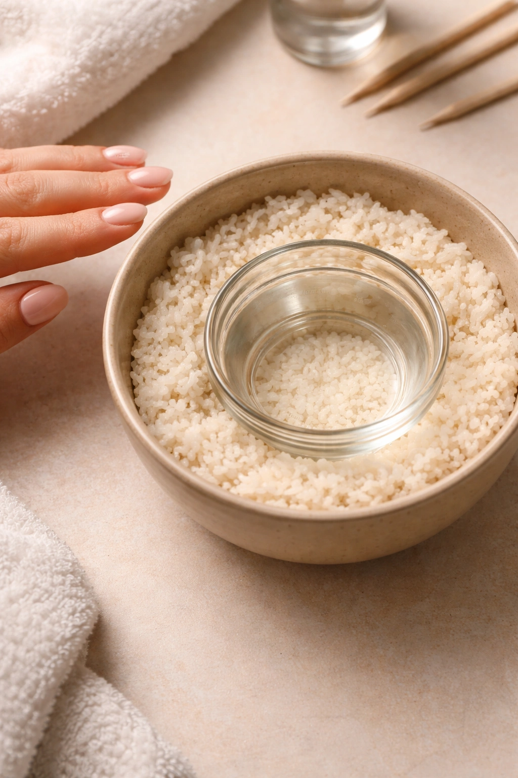 Nails and rice-warmed acetone setup for faster removal