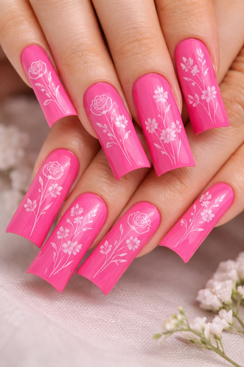 Close-up of hot pink duck nails with delicate white fine-line florals