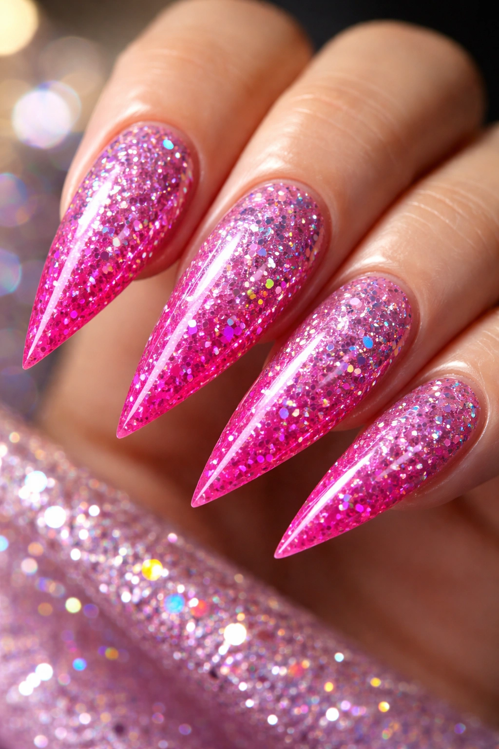 Close-up of hot pink nails with holographic glitter