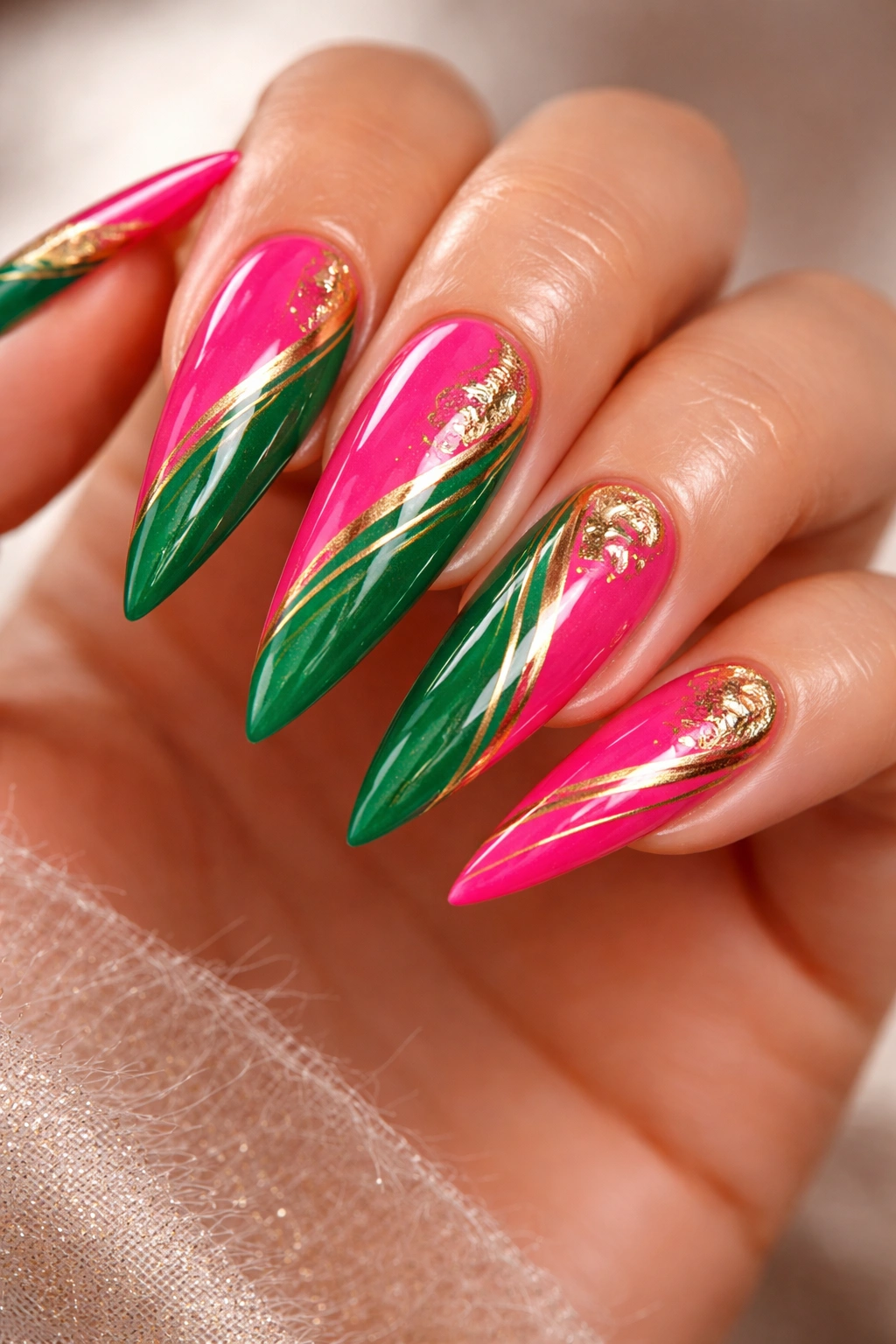 Close-up of stiletto nails in hot pink and Kelly Green with gold accents