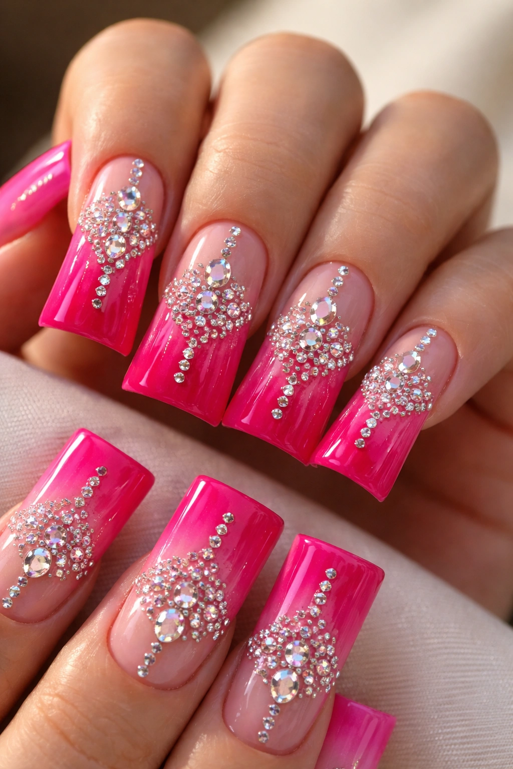 Close-up of long duck nails with hot pink ombre and Art Deco rhinestone pattern
