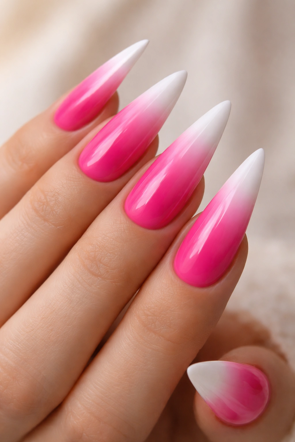 Close-up of hot pink to white ombré stiletto nails