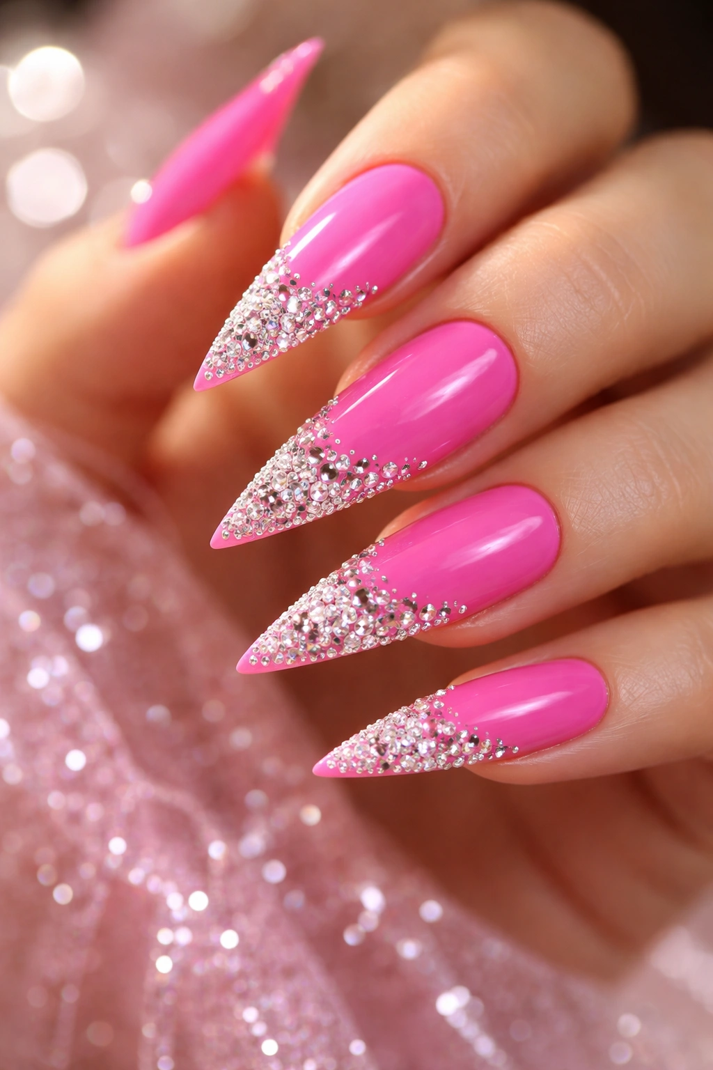 Close-up of hot pink stiletto nails adorned with rhinestones