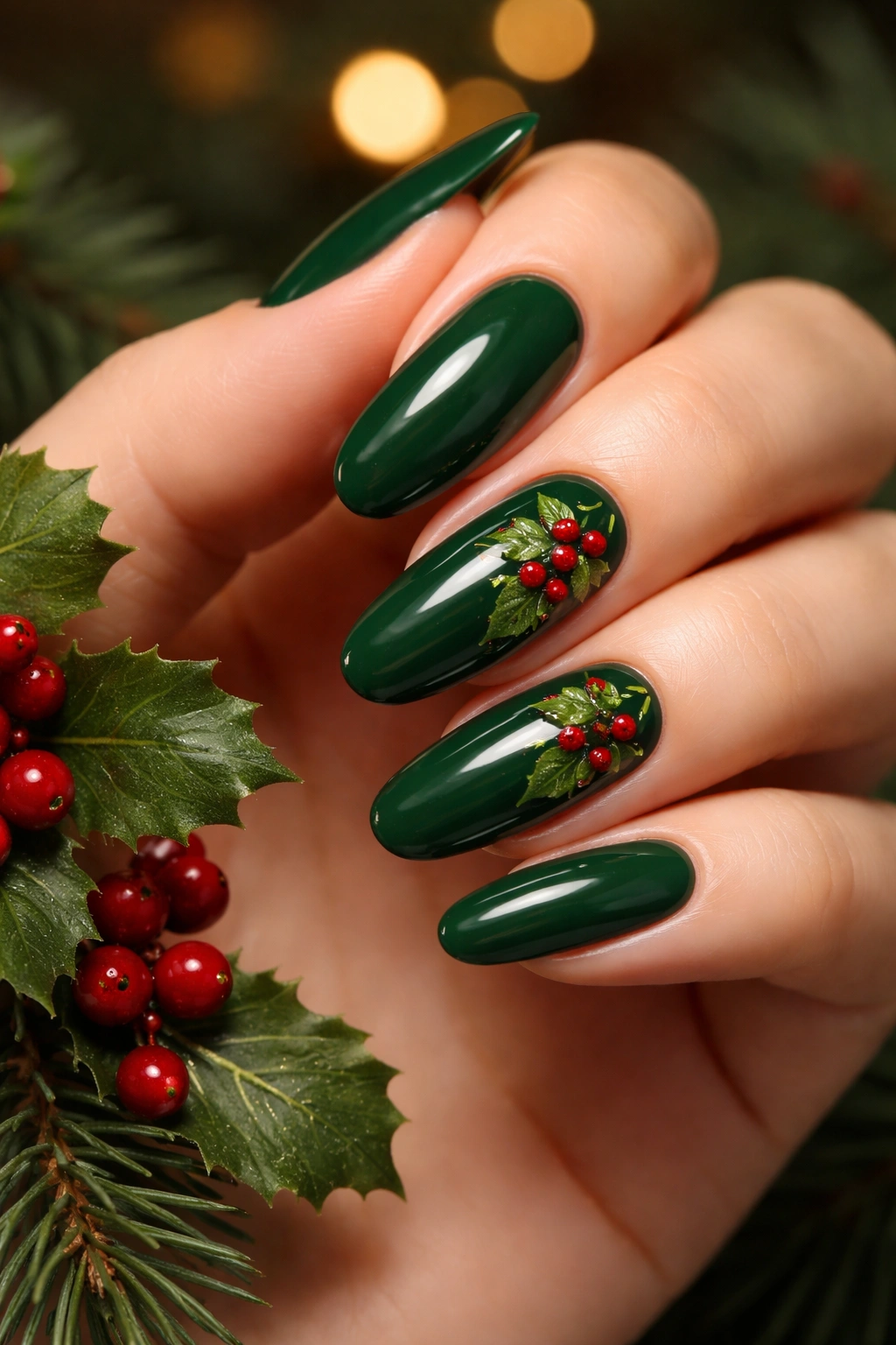Close-up of hunter green nails with holly berry details on a neutral background