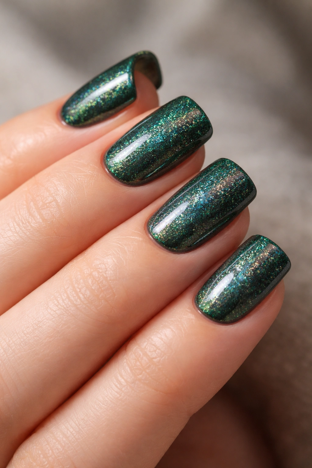 Close-up of hunter green nails with holographic shimmer on short nails