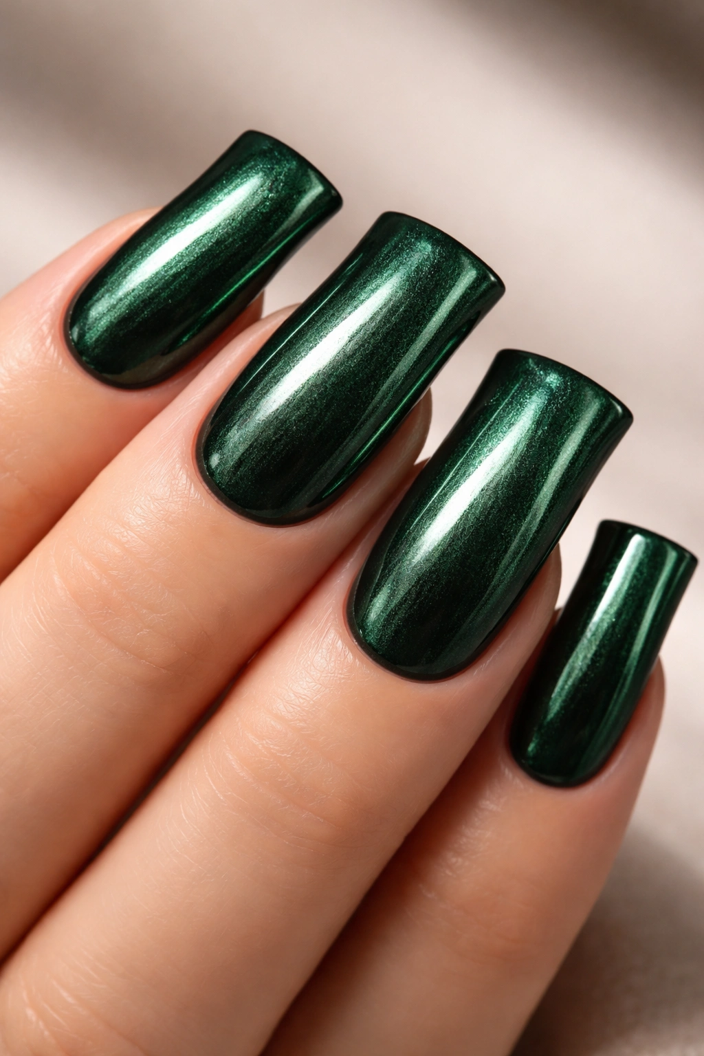 Hunter green metallic duck nails with reflective shimmer on hand