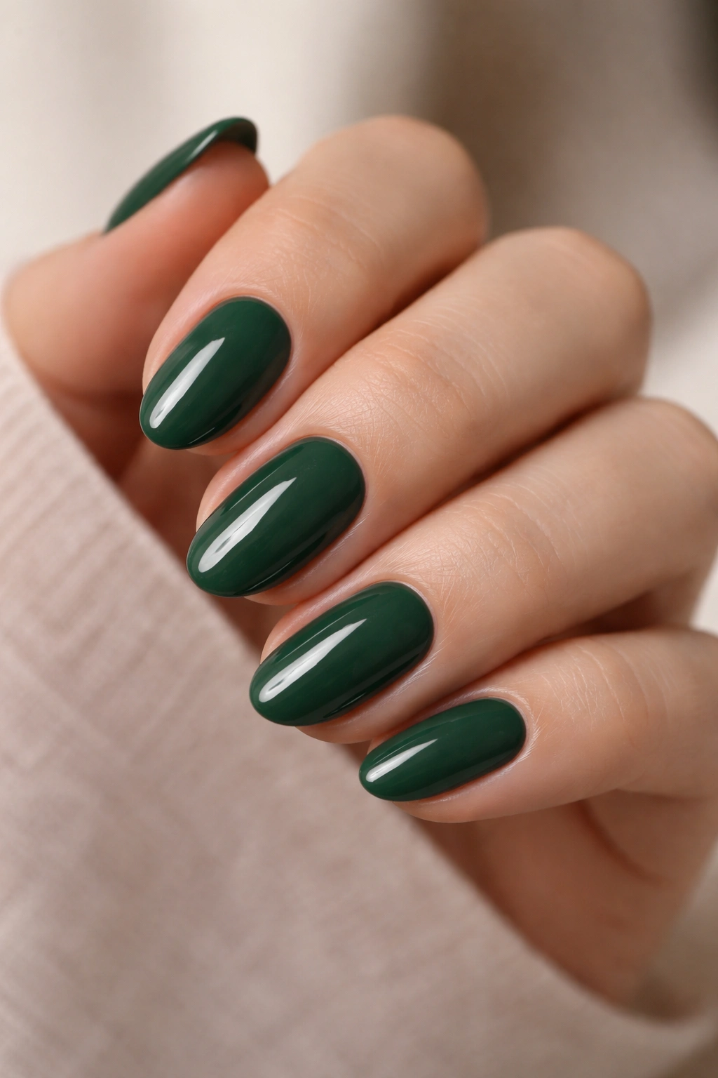 Close-up of hunter green short almond nails with rounded tips