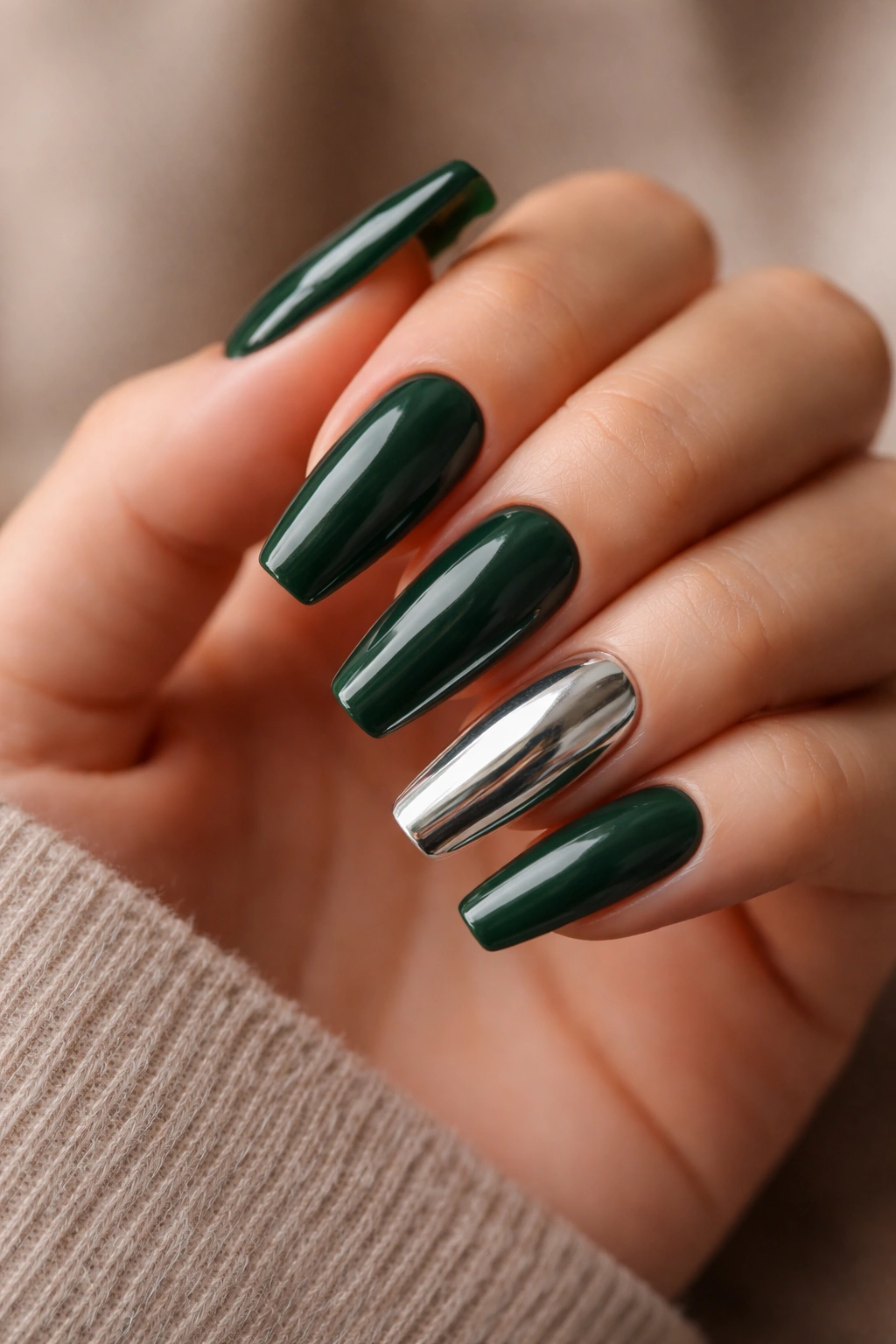 Close-up of hunter green coffin nails with chrome accent on ring finger