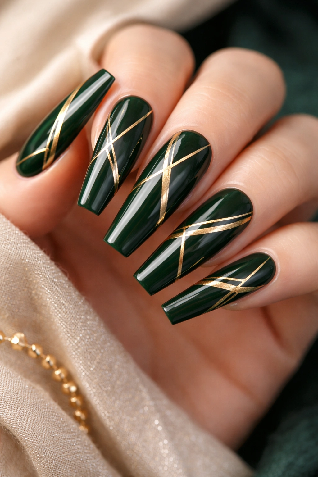 Close-up of hunter green coffin nails with glossy gold geometric accents