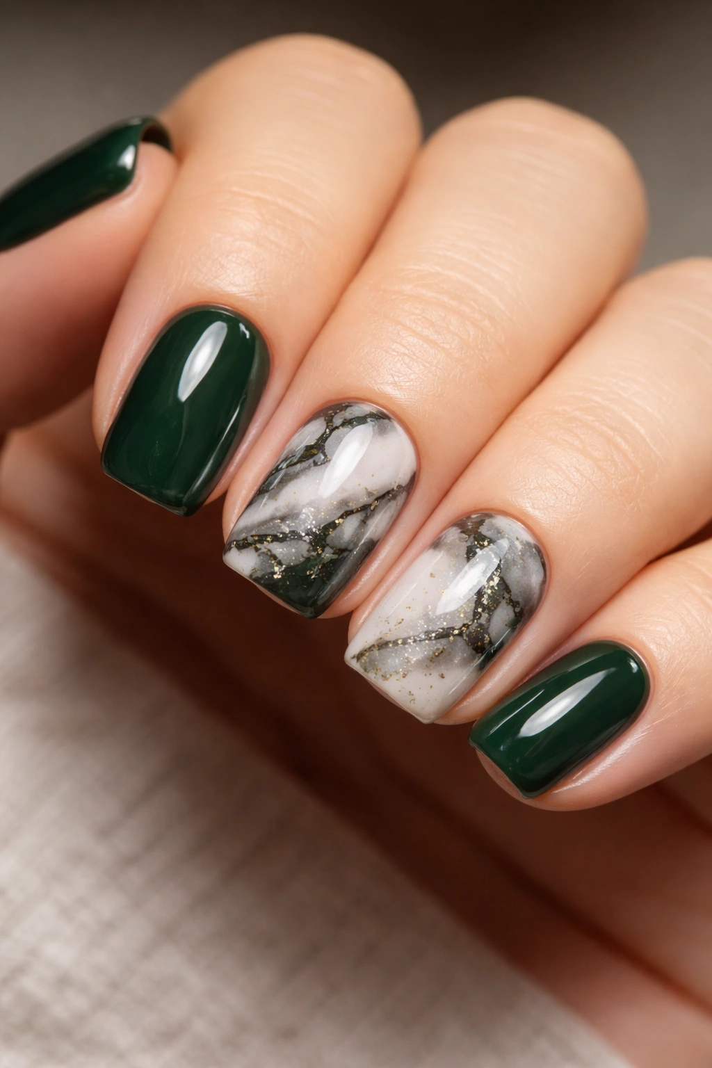 Hunter green nails with marble veining on short squoval nails
