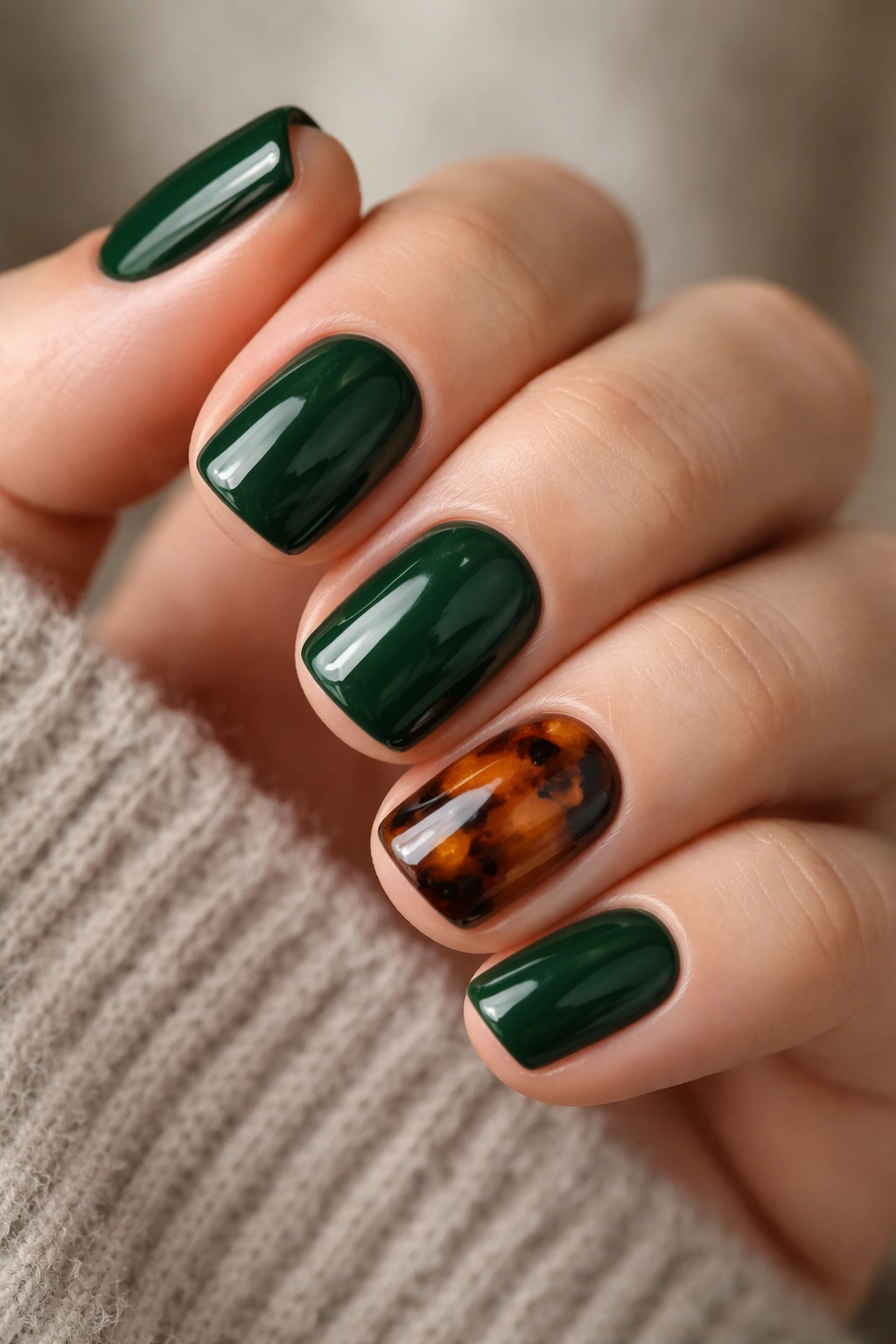 Close-up of short squoval nails in hunter green with tortoiseshell accents