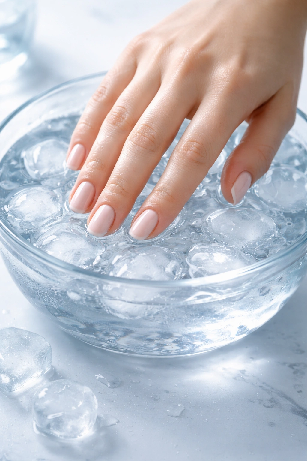 Hand submerged in ice water for nail polish drying, ice visible in a bowl