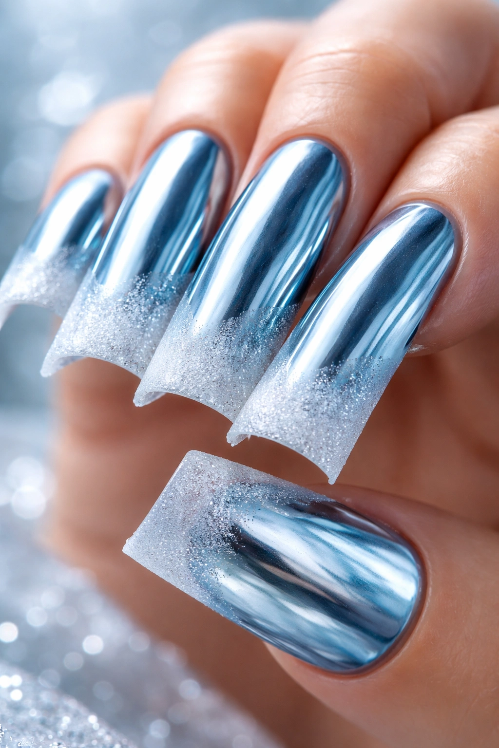 Close-up of ice blue chrome ducknail with frosted tips