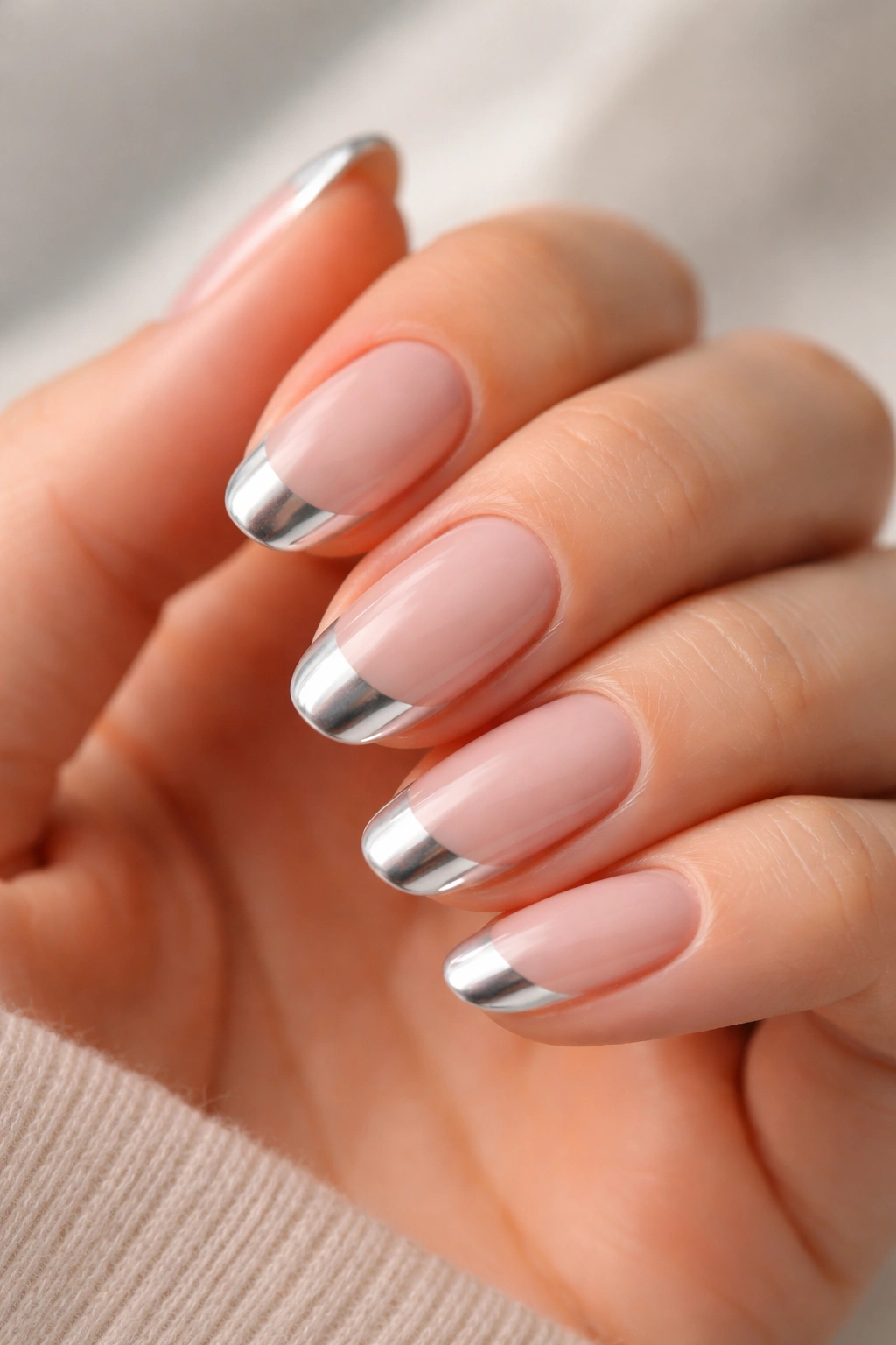 Close-up of short oval nails with pale translucent ice chrome tips on milky pink base