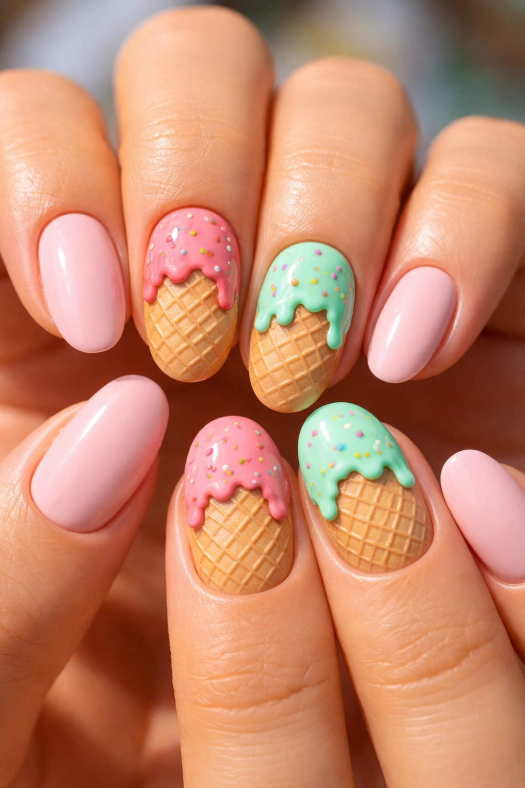 Nails with waffle cone texture and pastel ice cream scoops